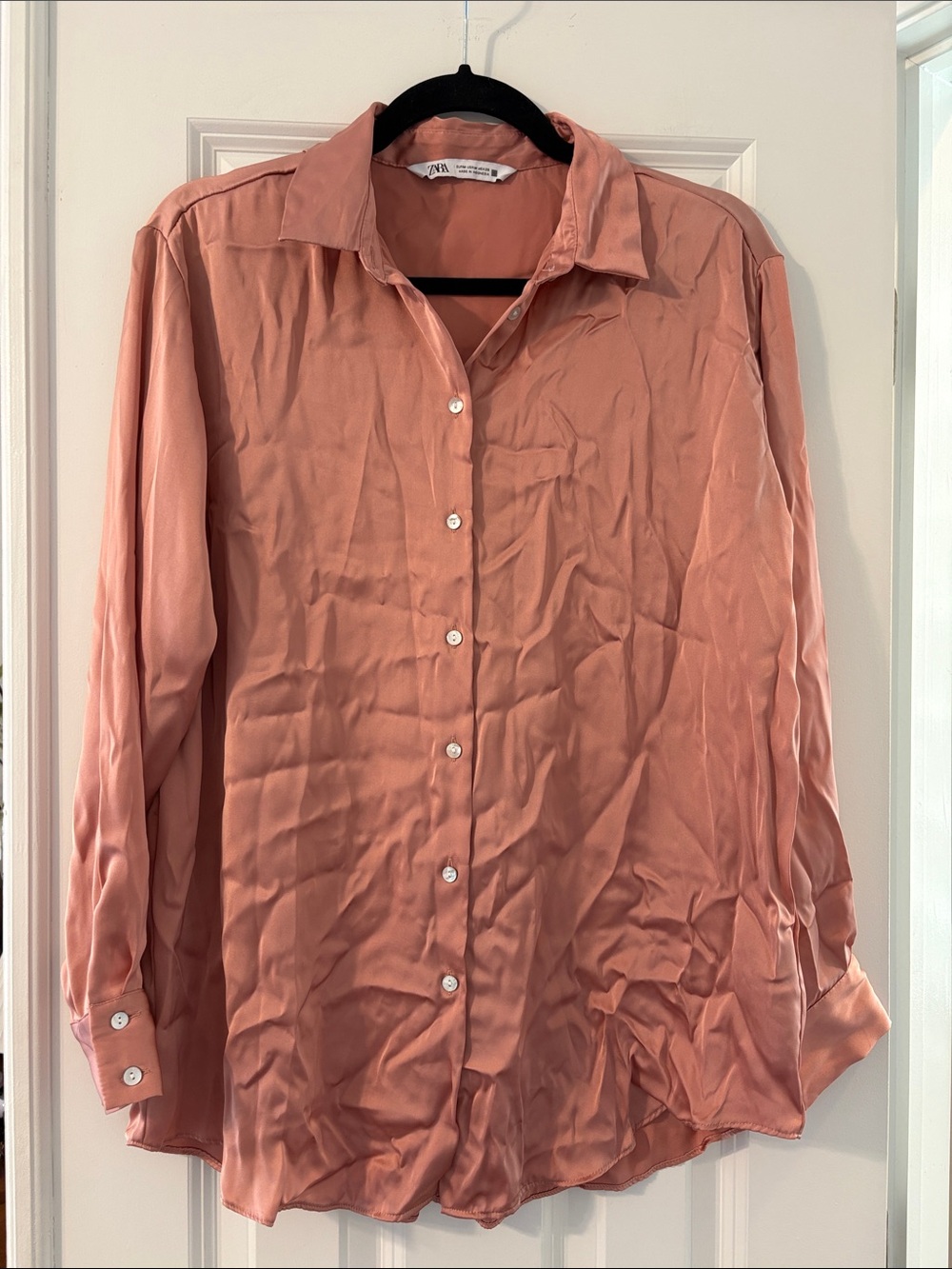 Zara Rosewater Satin Long-Sleeve Button-Up Blouse - Size M